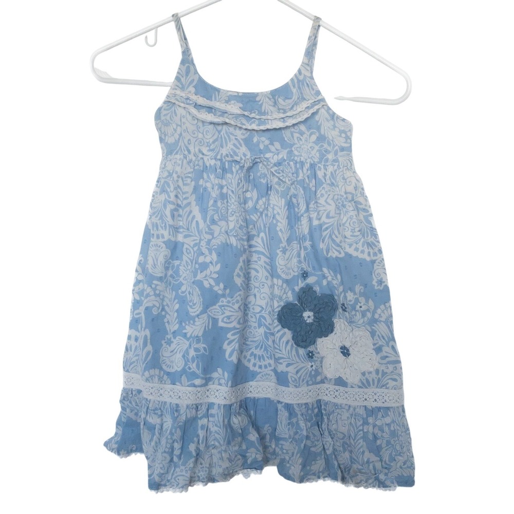 Cutey Couture Sundress Girls 4/5 Blue Floral Lace Crochet Flower 100% Cotton